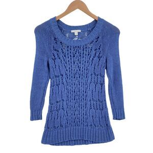 New York & Company Sweater Womens XS Blue Crochet Knit Raglan Sleeve Pullover
